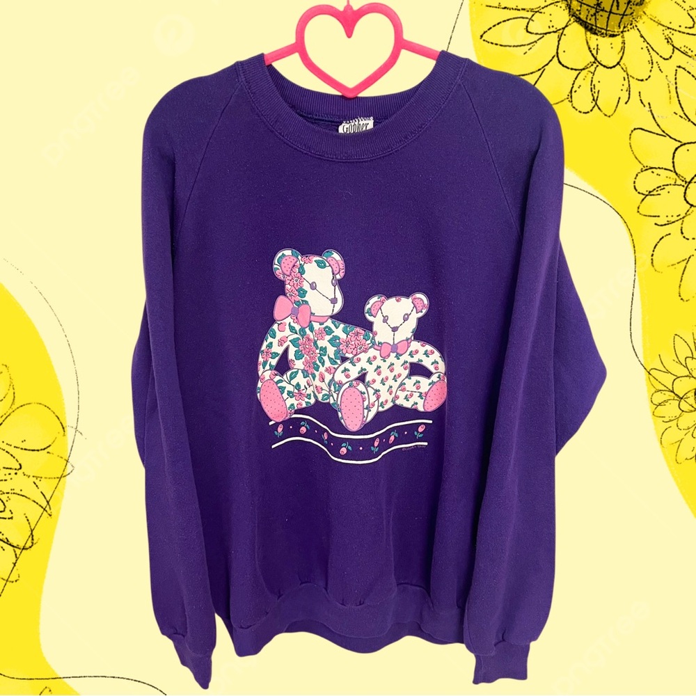 Vintage Gopher Sport purple and pink tea party floral teddy bears sweater